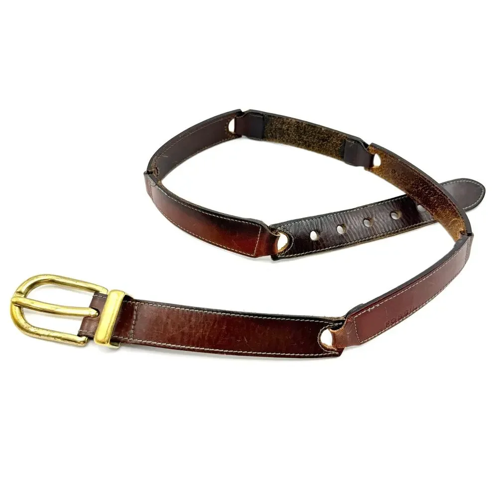Fossil Brown Linked Leather Patchwork Belt L 31-35” Solid Brass Buckle Boho